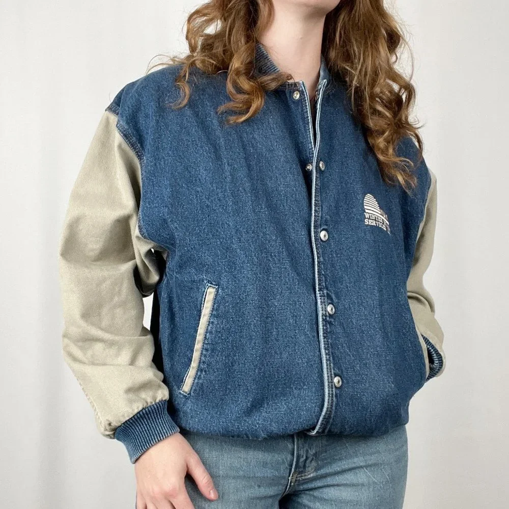 Vintage Denim Bomber Varsity Trucker Sherpa Lined Oversized Jean Jacket Coat - Picture 7 of 7
